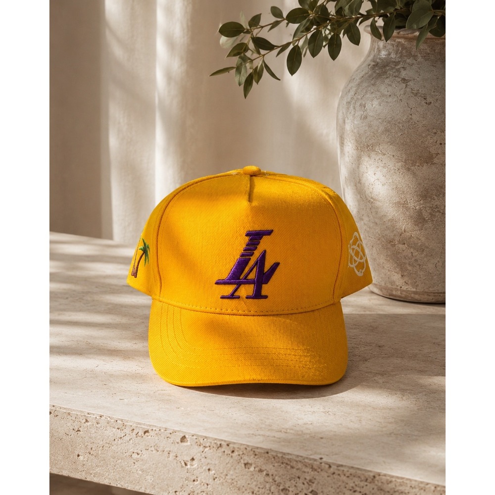 Reference LA Palm Tree Embroidered Snapback Trucker Hat Yellow Purple Mens Cap